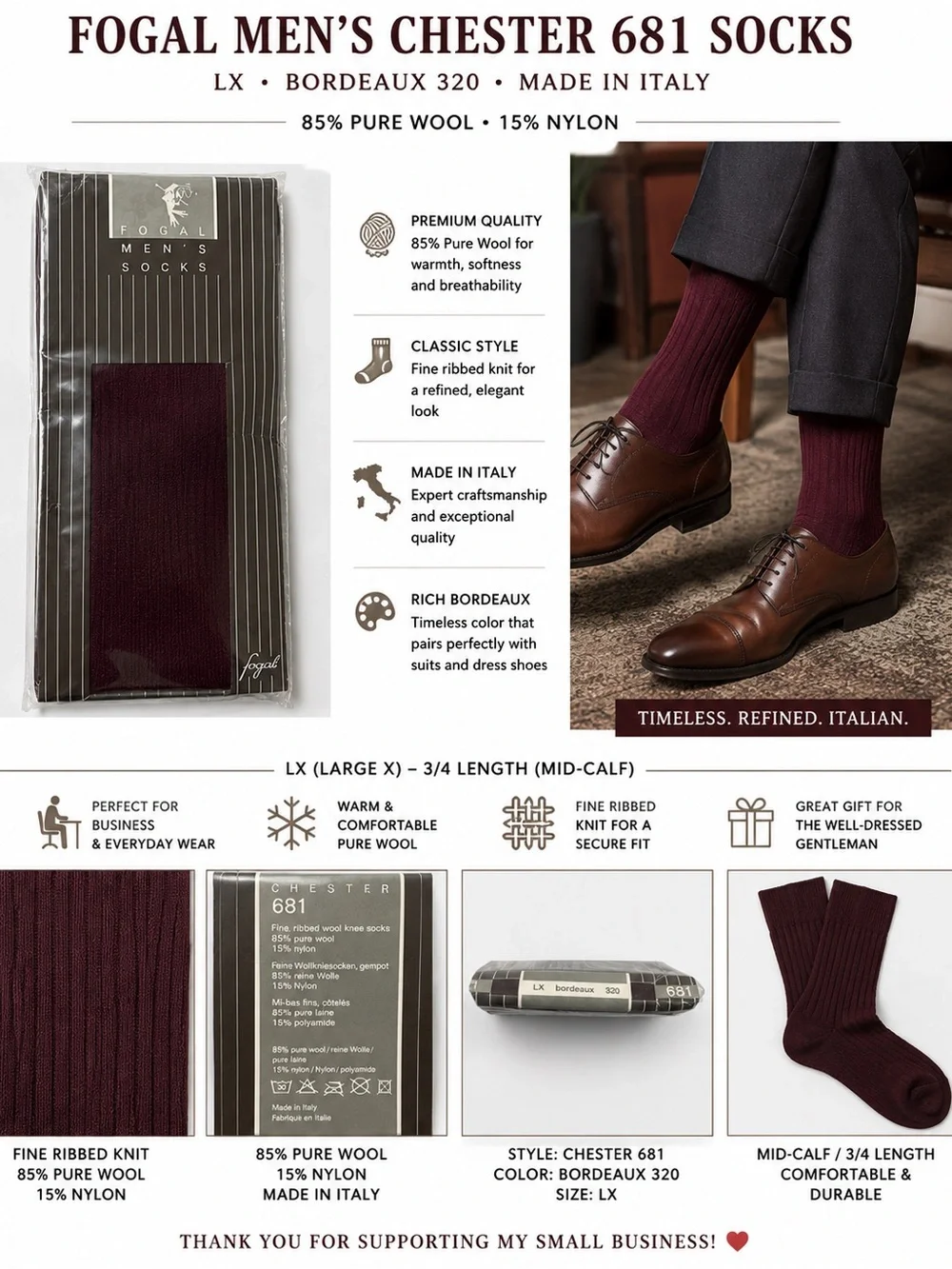 Fogal Men’s Chester 681 Wool Dress Socks LX Bordeaux 320 Made Italy NOS